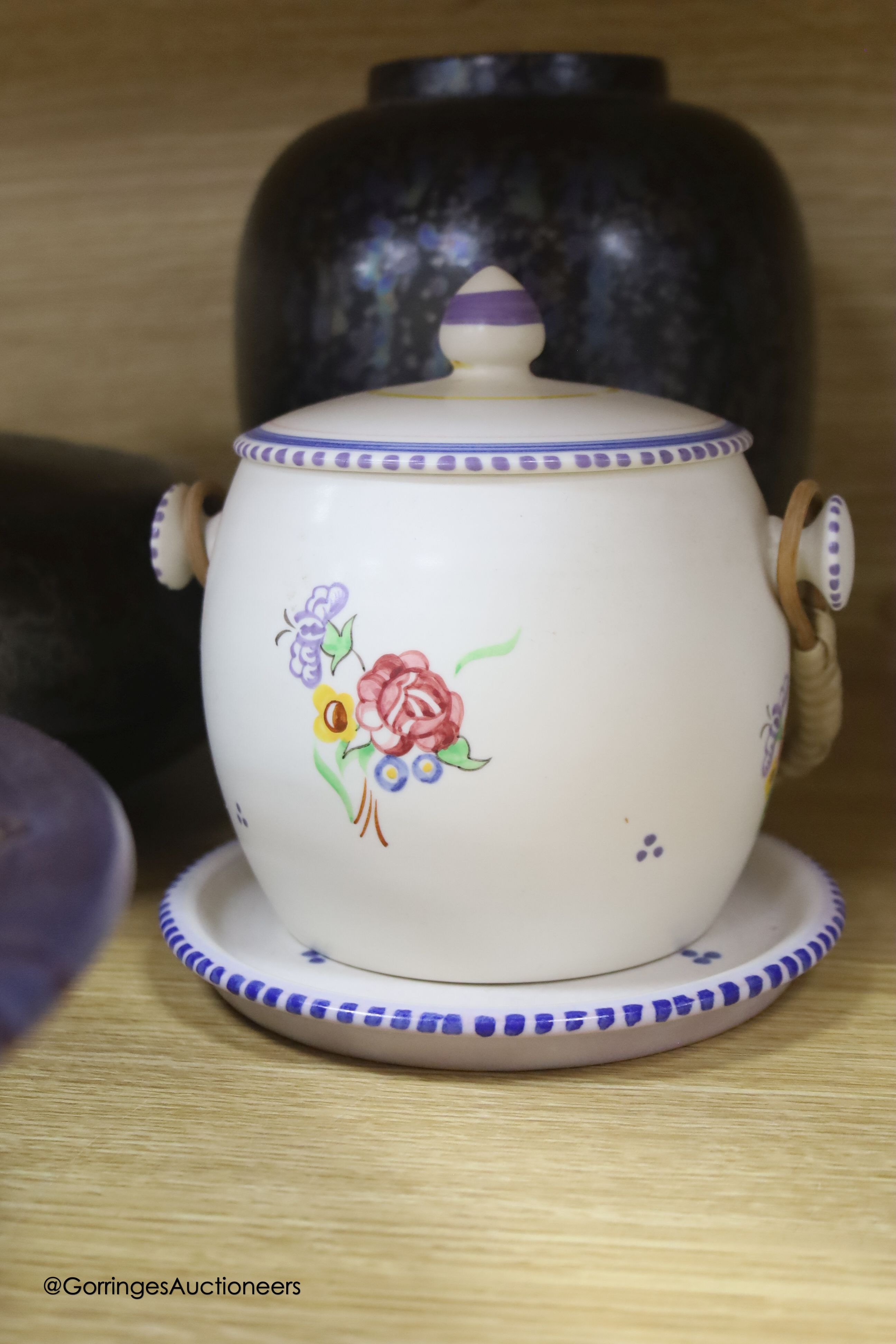 A Jane Woodford lustre pottery bowl and various mixed pottery, largest diameter 35cm